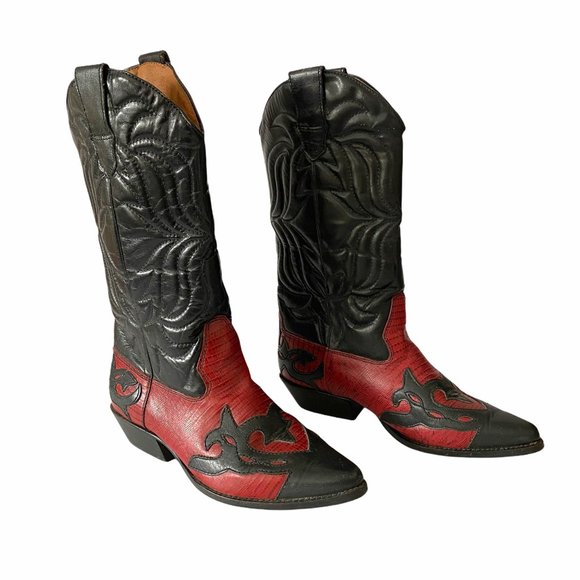 Flings Sundance Red Black Leather Cowboy Boots - Picture 2 of 9